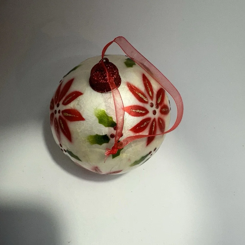 Hand Painted Capiz Shell Holiday Ornament Poinsettias 3inch Christmas